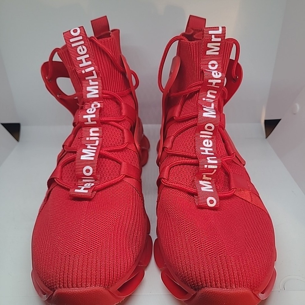Hello MrLin Sneakers Men Size 12 Red Excellent Blade Sole High Top Sock Shoes